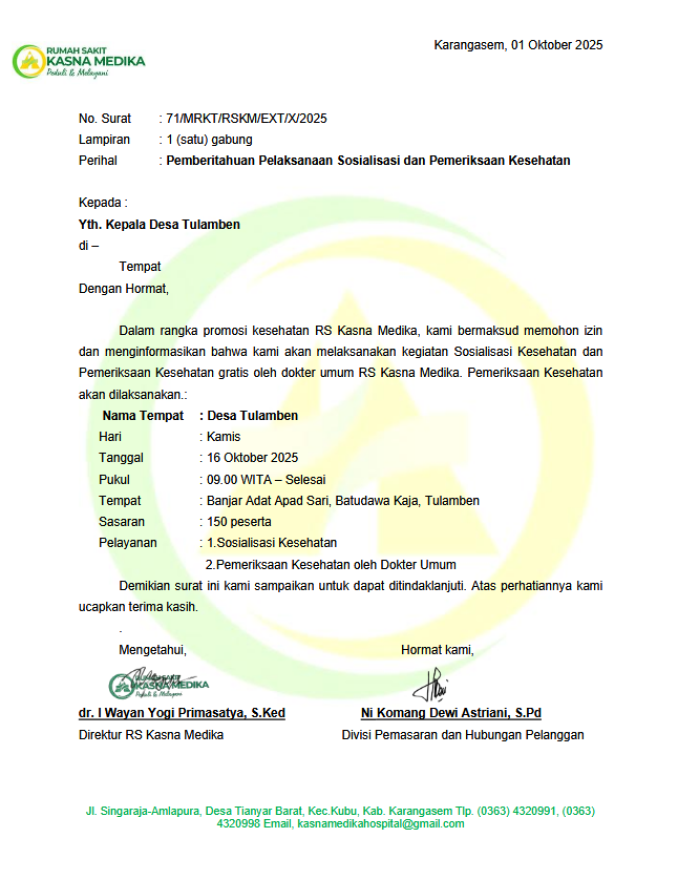 RS Kasna Medika Gelar Sosialisasi dan Pemeriksaan Kesehatan Gratis di Desa Tulamben