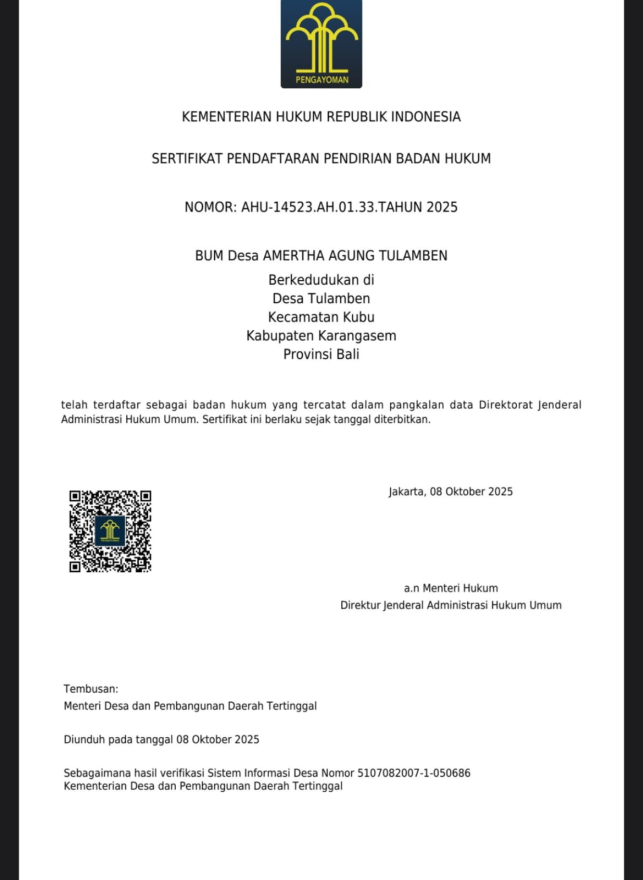 RESMI, BUM Desa Tulamben telah Berbadan Hukum